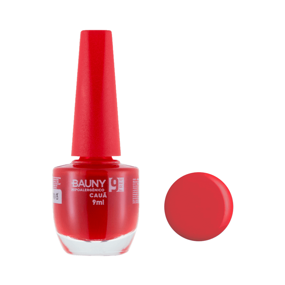 Esmalte Bauny Cremoso Cauã - frasco transparente mostrando tom vermelho vibrante