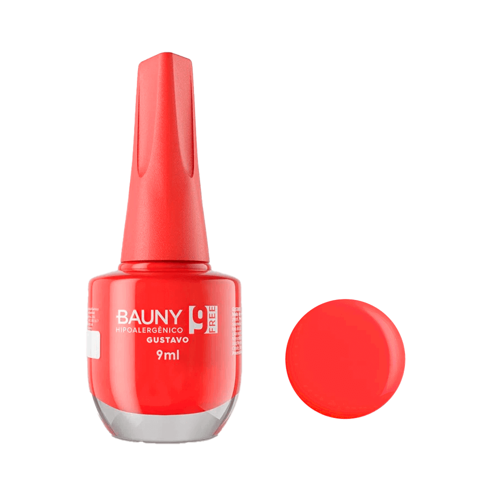 Esmalte Bauny Cremoso Gustavo cor vermelho, frasco translúcido com tampa alongada, 9ml