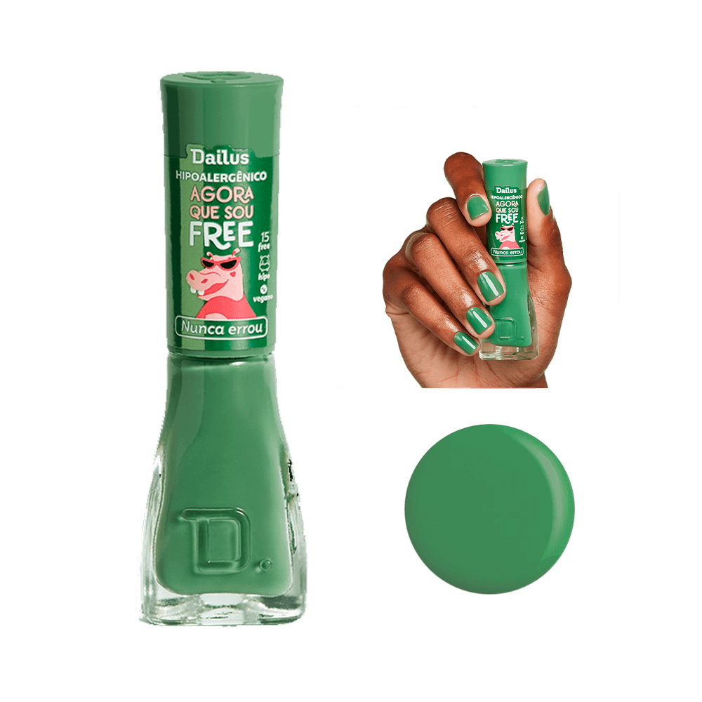 Esmalte Dailus Agora Que Sou Free Nunca Errou frasco com tampa verde e rótulo destacando 15 free, vegano e hipoalergênico
