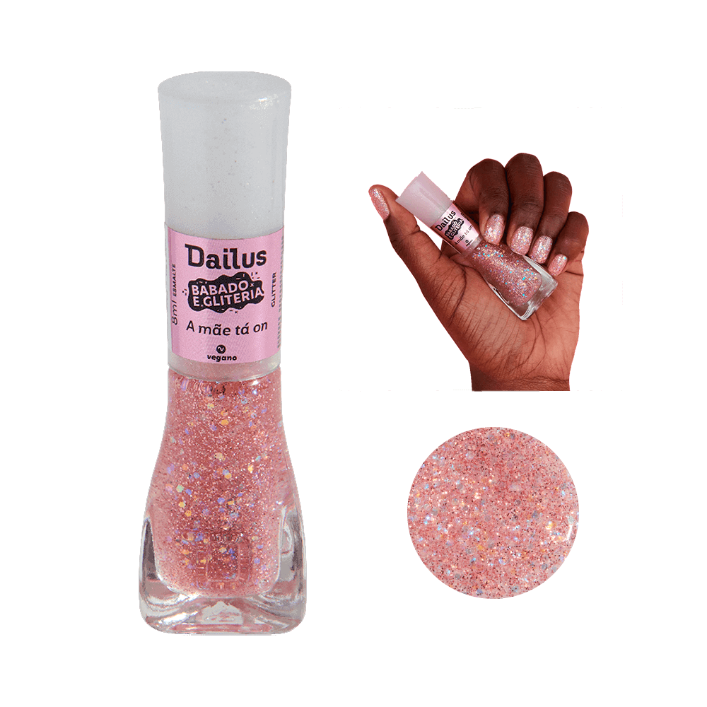 Esmalte Dailus Babado e Gliteria A Mãe Tá On em frasco transparente com glitter rosa