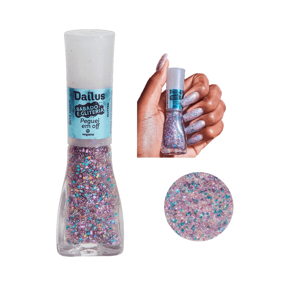 Esmalte Dailus Babado e Gliteria Peguei em Off 8ml - frasco transparente com glitter lilás e tampa branca