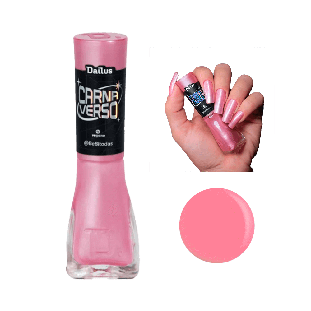Esmalte Dailus Carnaverso @BebiTodas rosa perolado com amostra nas unhas