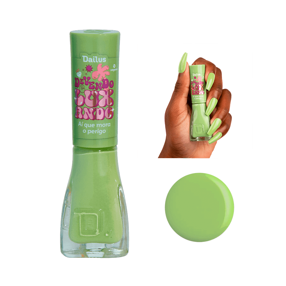 Esmalte Dailus Aí que Mora ao Perigo vidro transparente com tampa verde claro e selo vegano