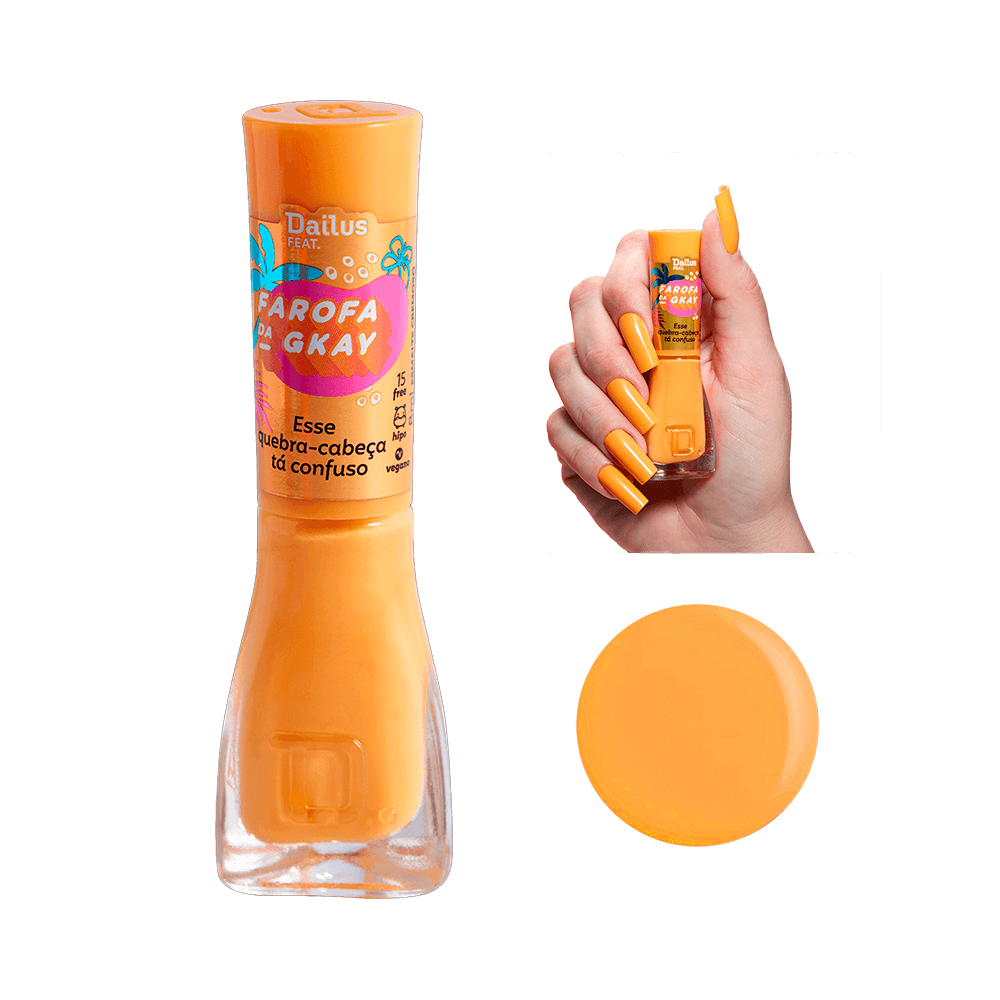Esmalte Dailus Farofa da Gkay - Esse Quebra-Cabeça Tá Confuso, tom amarelo mostarda, frasco com tampa laranja