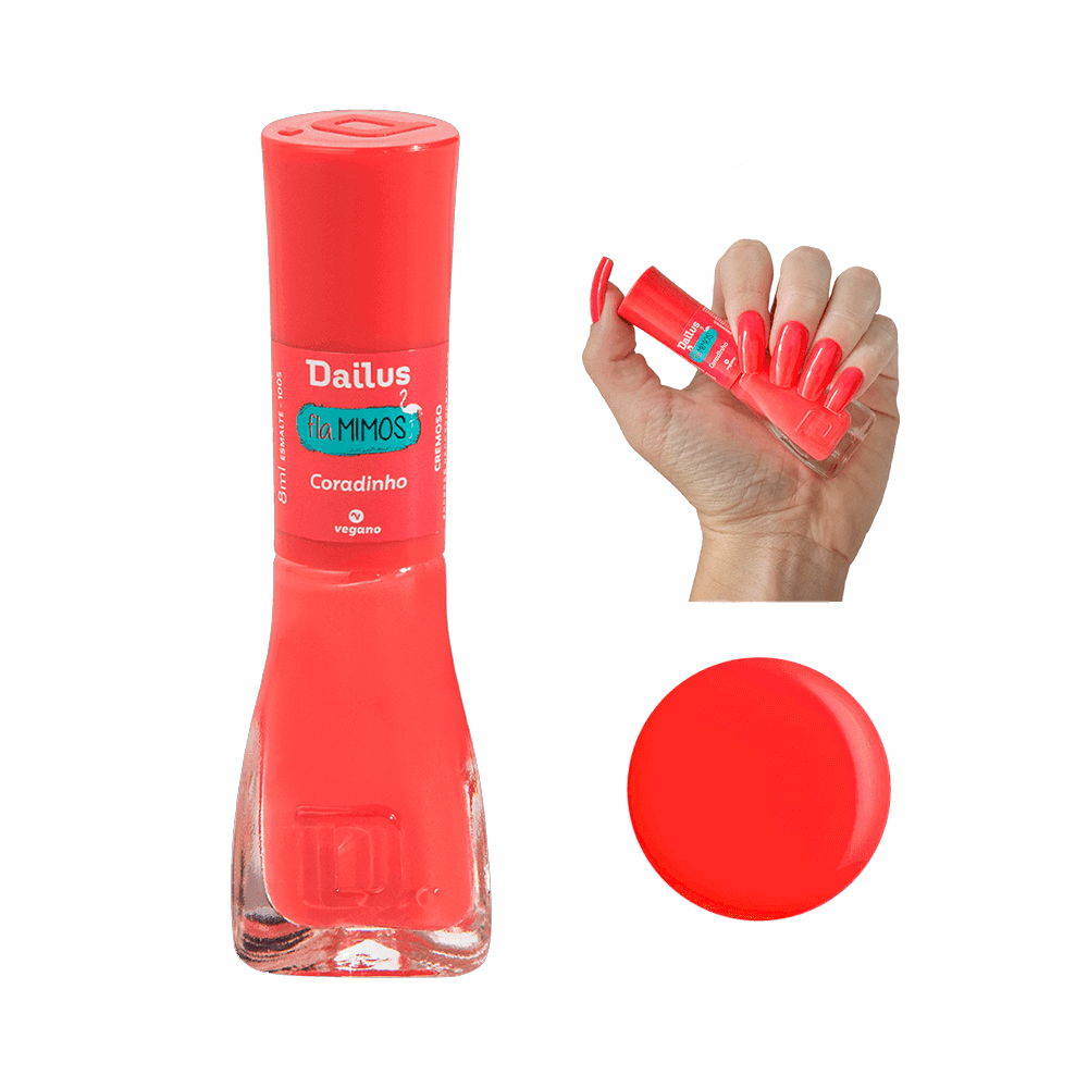 Esmalte Dailus Fla.Mimos Coradinho frasco com tampa vermelha e unhas pintadas na mesma cor