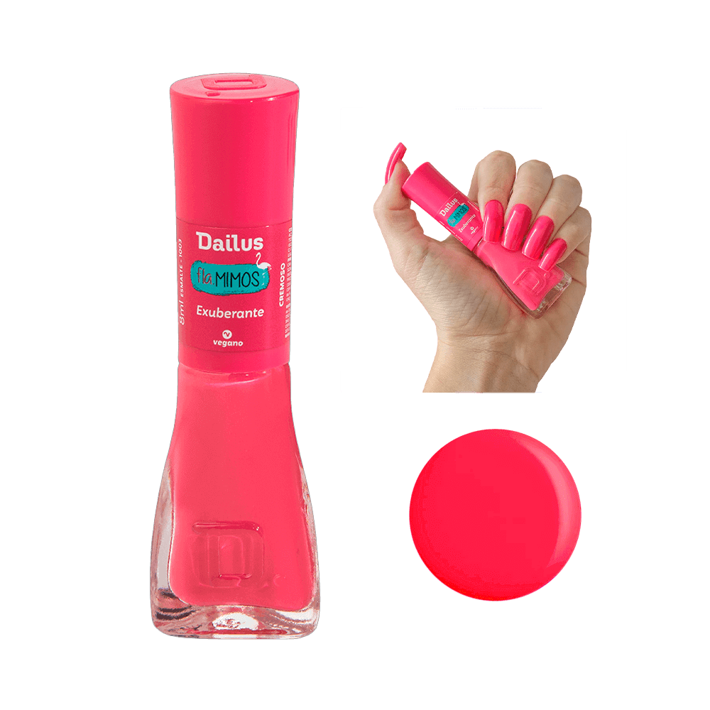 Esmalte Dailus Fla.Mimos Exuberante cor rosa vibrante, frasco transparente com tampa rosa