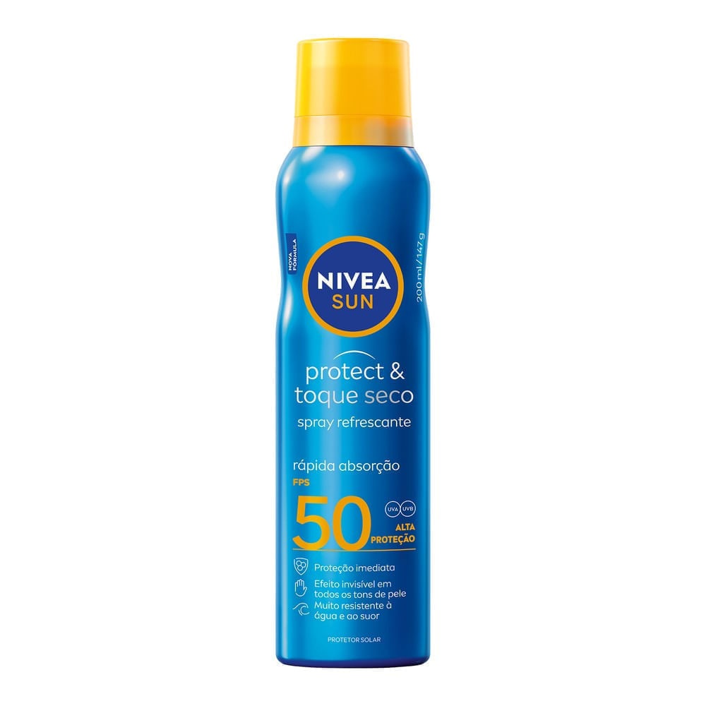 Detalhe frontal do spray NIVEA SUN Protect & Toque Seco FPS50 mostrando indicação de resistente à água