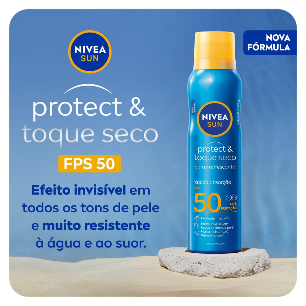 Protetor solar NIVEA SUN FPS50 spray 200ml com destaque para efeito invisível e rápida absorção