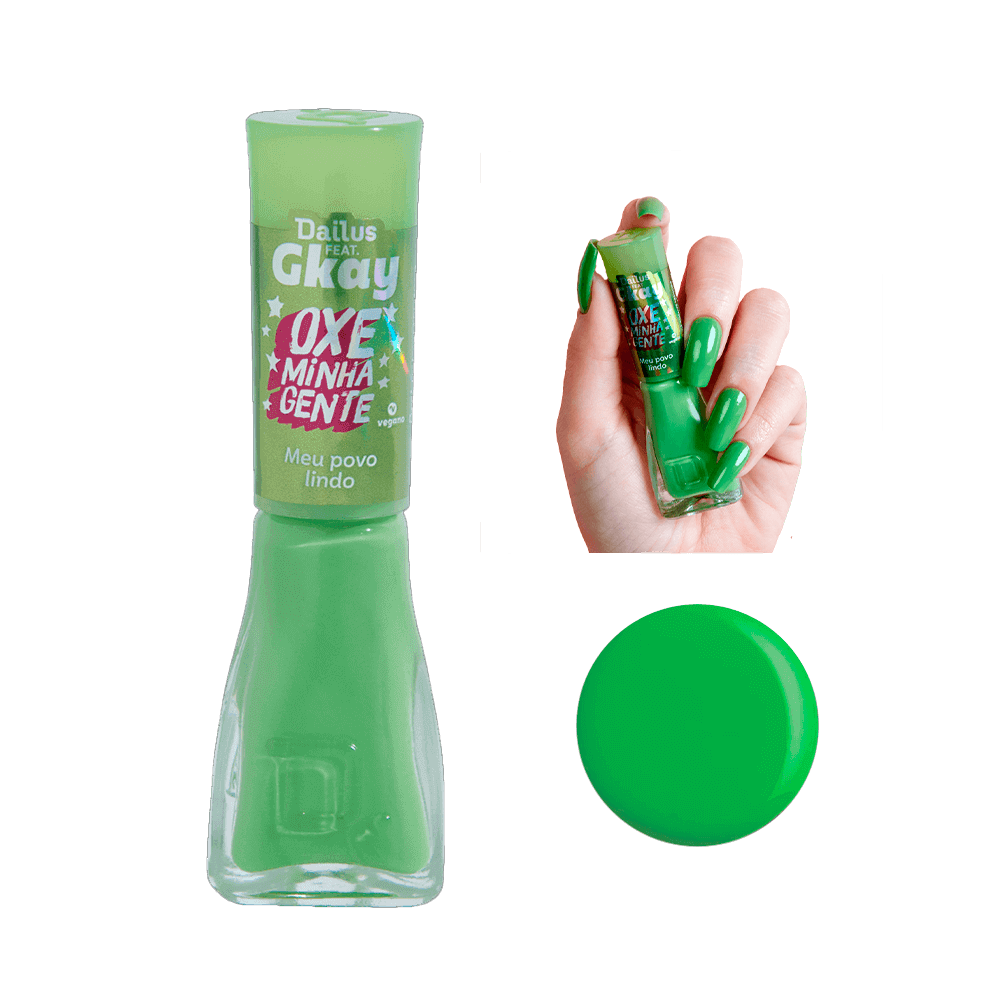 Esmalte Dailus Oxe Minha Gente Meu Povo Lindo - tom verde vibrante, frasco transparente e rótulo holográfico