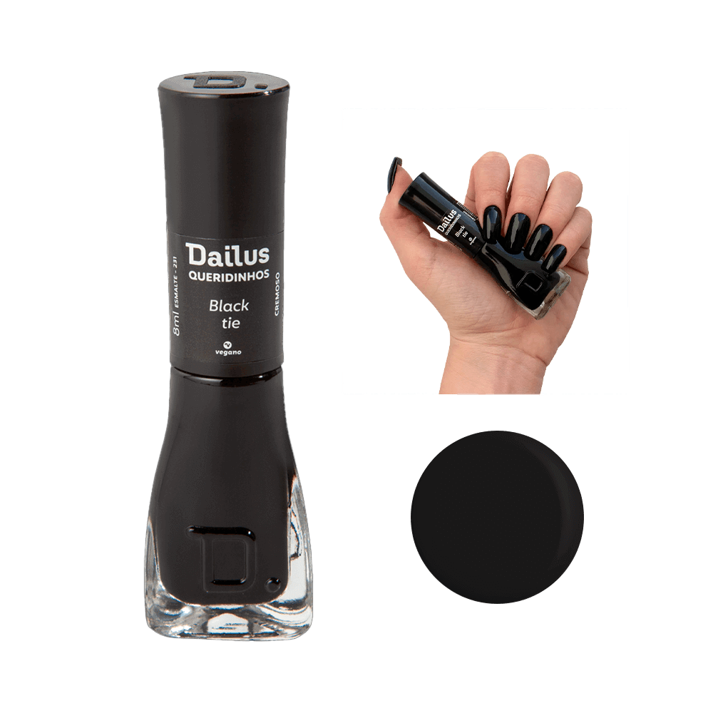 Esmalte Dailus Queridinhos Black Tie 8ml frasco com cor preta e símbolo vegano