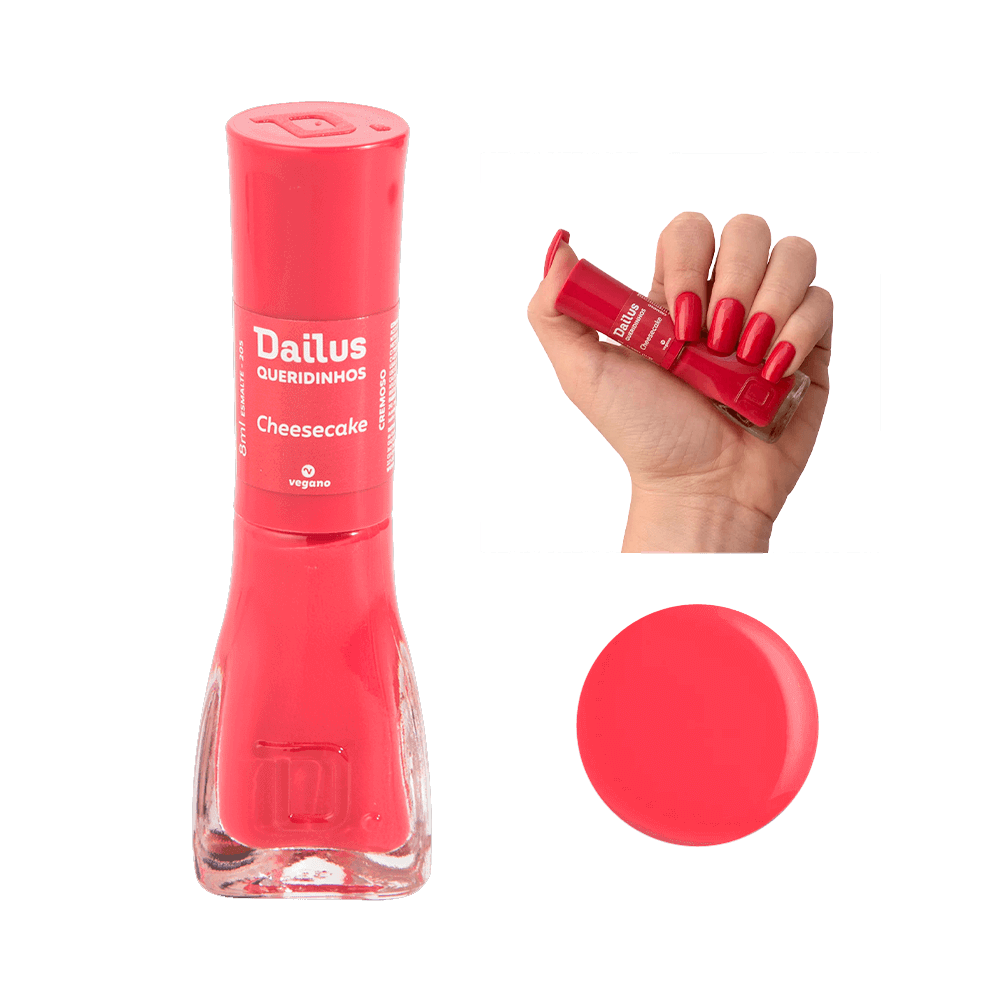 Esmalte Dailus Queridinhos Cheesecake 8ml em fundo neutro, frasco transparente com tampa vermelha