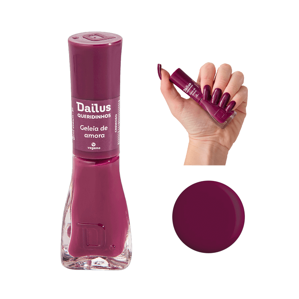 Esmalte Dailus Queridinhos Geleia de Amora - frasco transparente com tampa roxa e unha com aplicação