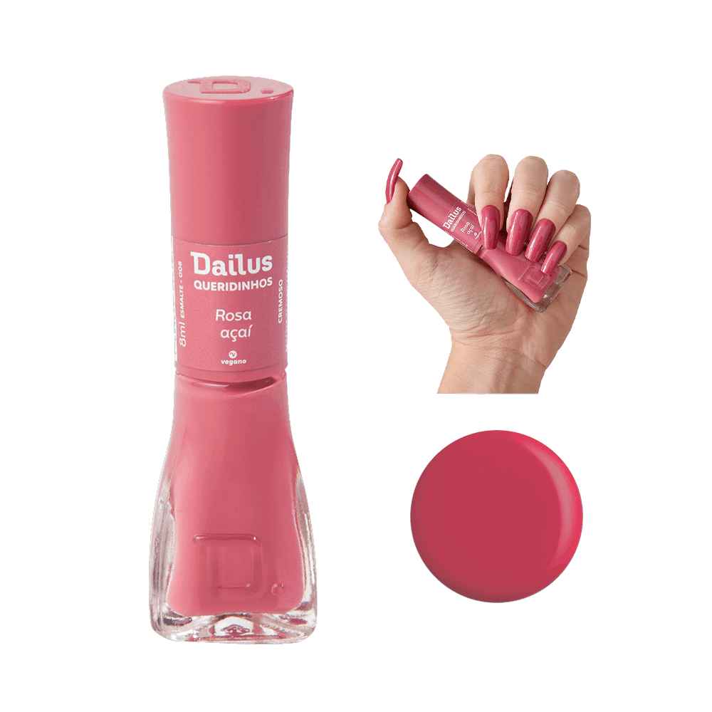 Esmalte Dailus Queridinhos Rosa Açaí frasco transparente com tampa rosa e amostra da cor