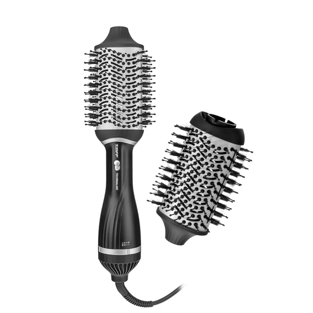Kit Taiff Escova Tourmaline 127V com refil oval, corpo preto com detalhes prateados