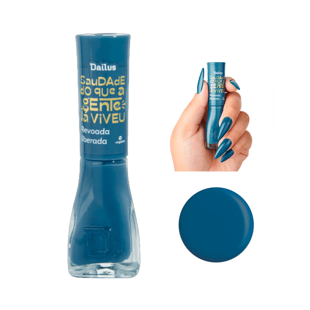 Esmalte Dailus Saudade Do Que A Gente Já Viveu Revoada Liberada - frasco e amostra da cor azul profundo