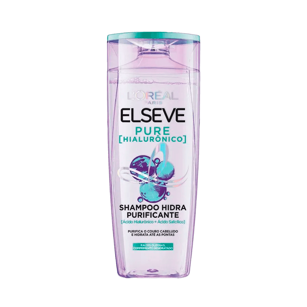 Frasco do Shampoo Elseve Pure Hialurônico 400ml, translúcido lilás com tampa azul clara