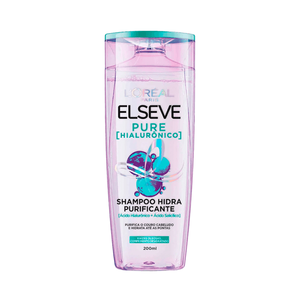 Frasco do Shampoo Elseve Pure Hialurônico 200ml, líquido rosa claro e tampa azul turquesa