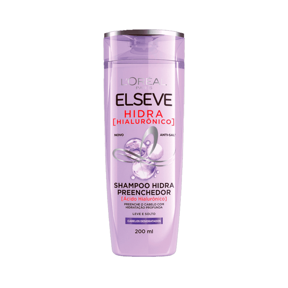 Frasco lilás do Shampoo Elseve Hidra Hialurônico 200ml sobre fundo claro