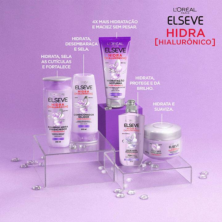 Produtos da linha Elseve Hidra Hialurônico exibidos juntos