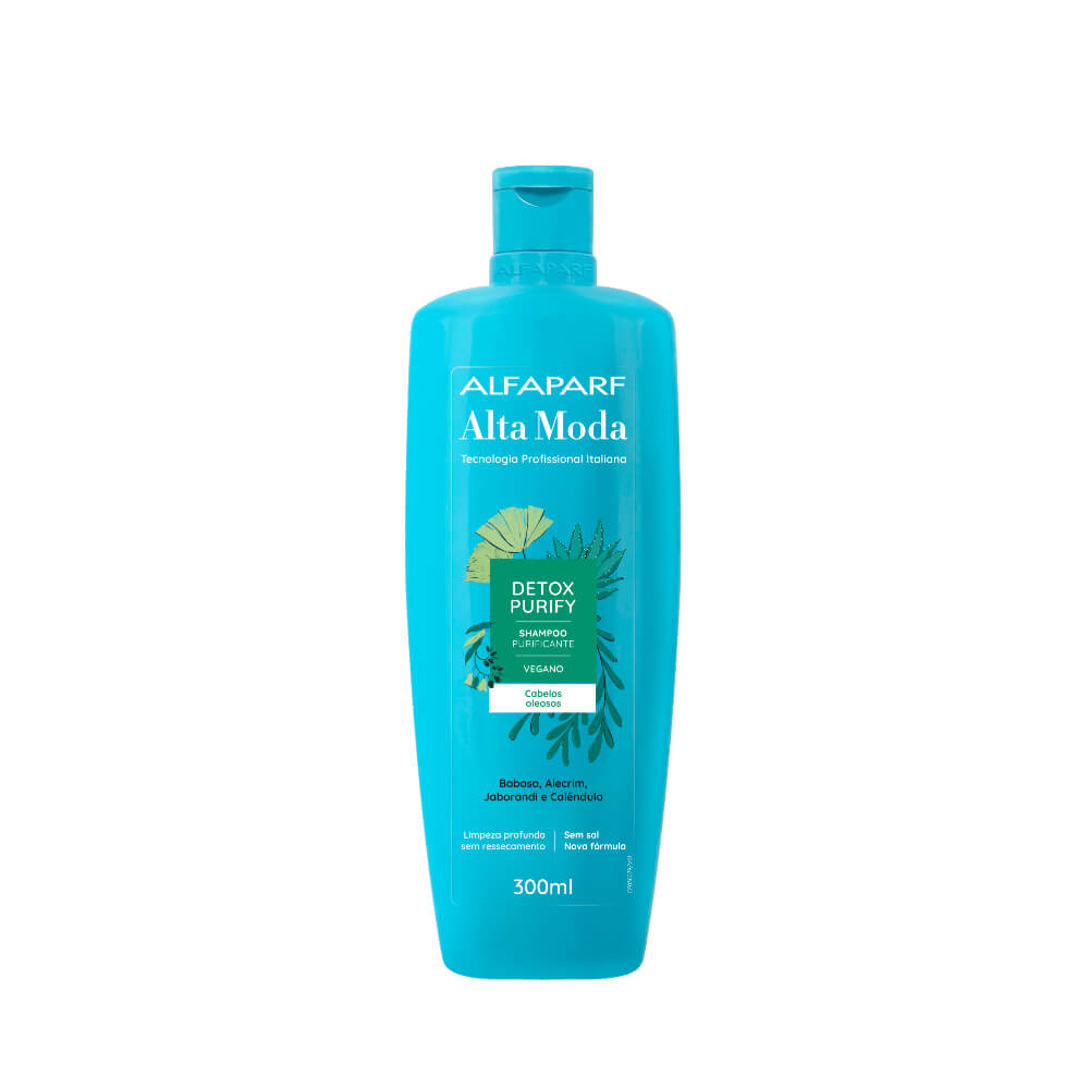 Shampoo Alta Moda Detox Purify 300ml frasco azul-turquesa em fundo branco