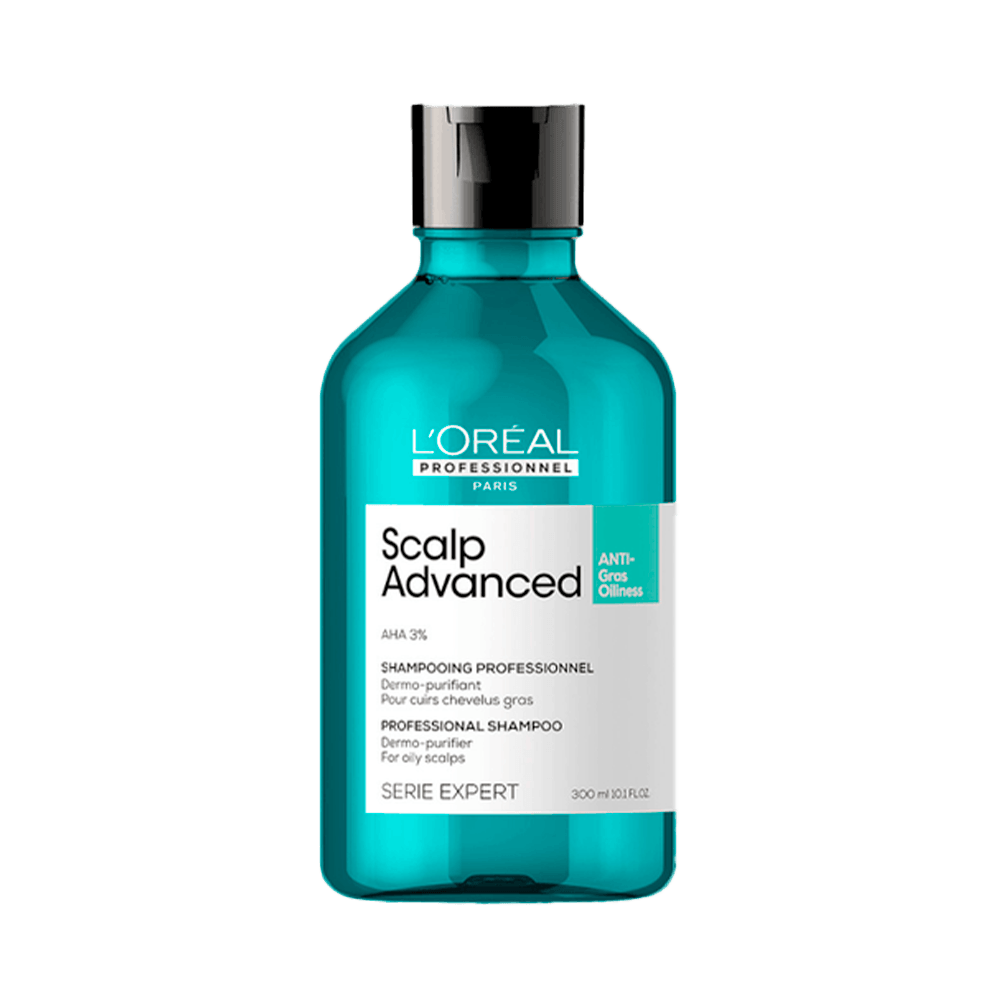 Frente do frasco azul translúcido do Shampoo L'Oréal Professionnel Serie Expert Scalp Antioliosidade 300ml