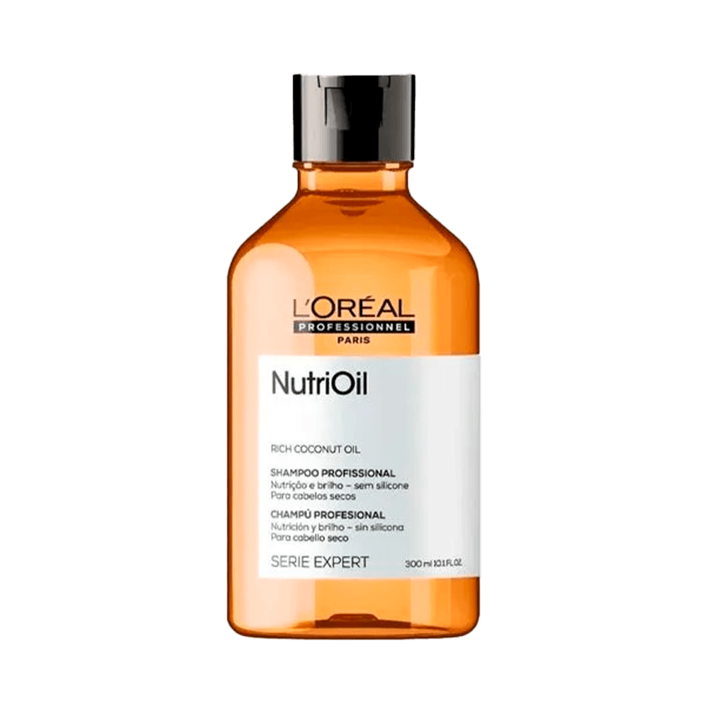 Frasco Shampoo L'Oréal Professionnel Serie Expert NutriOil 300ml âmbar translúcido com rótulo branco