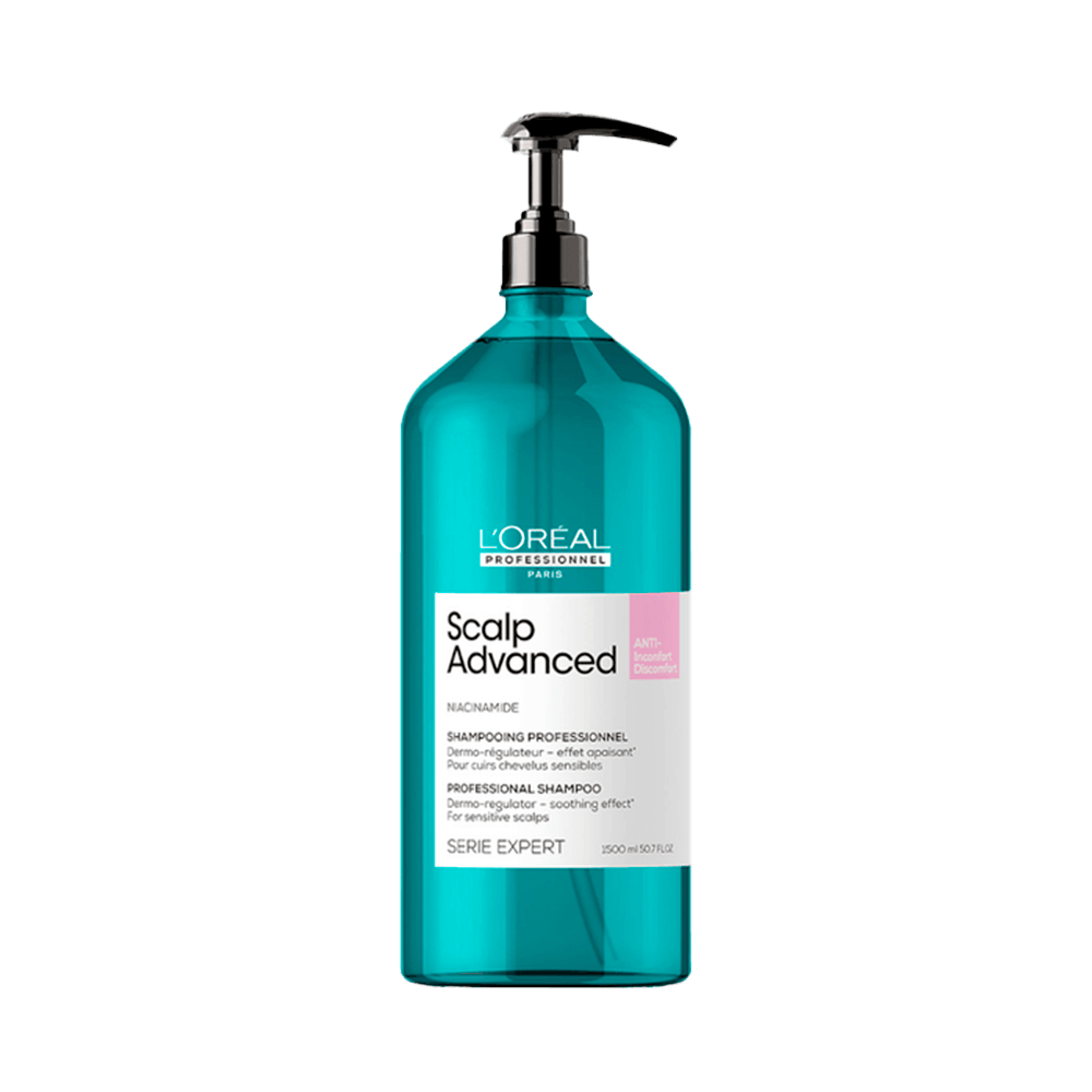 Frasco azul translúcido de Shampoo L'Oréal Professionnel Scalp Advanced 1500ml com pump