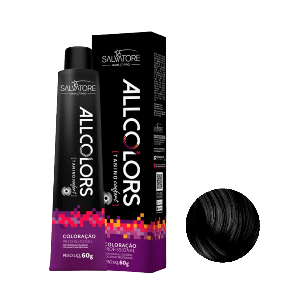 Coloração Salvatore All Colors 1.0 Preto Profundo 60g - embalagem e amostra da cor