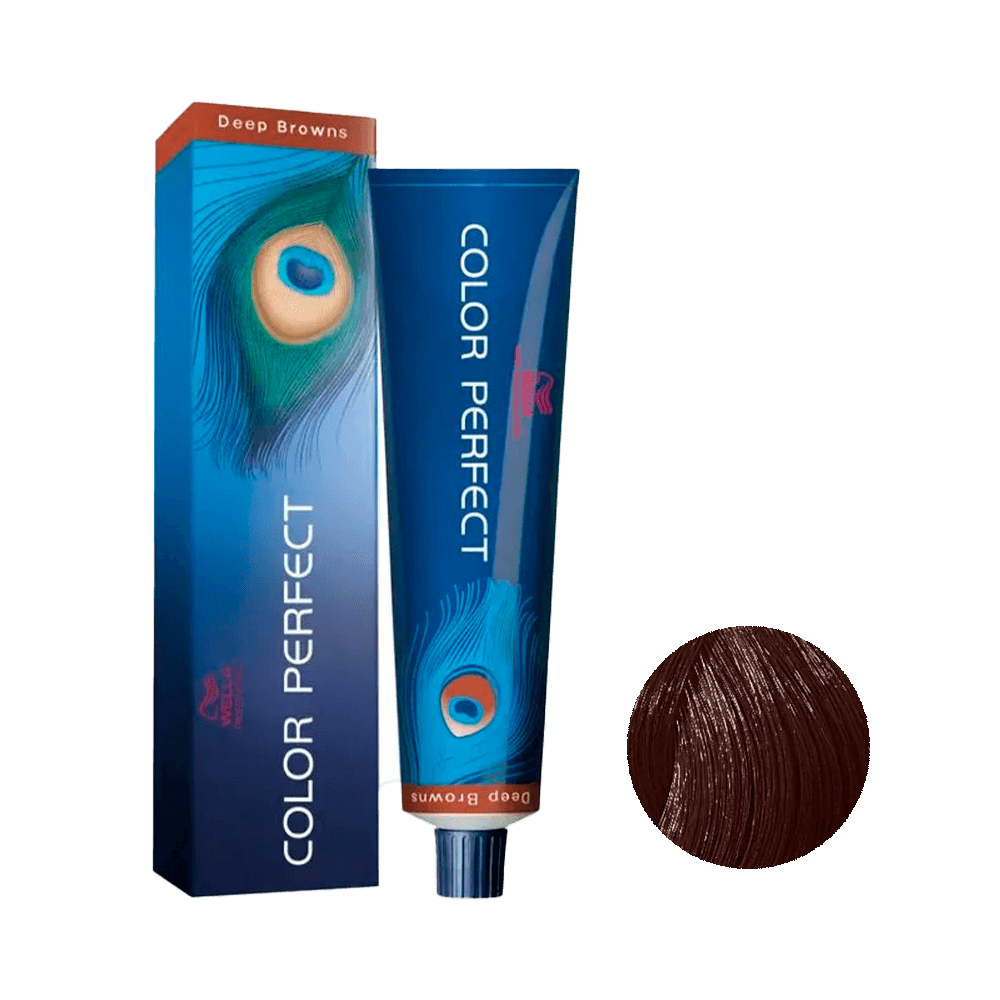 Coloração Color Perfect 4/77 Wella embalagem azul com detalhe de pena de pavão