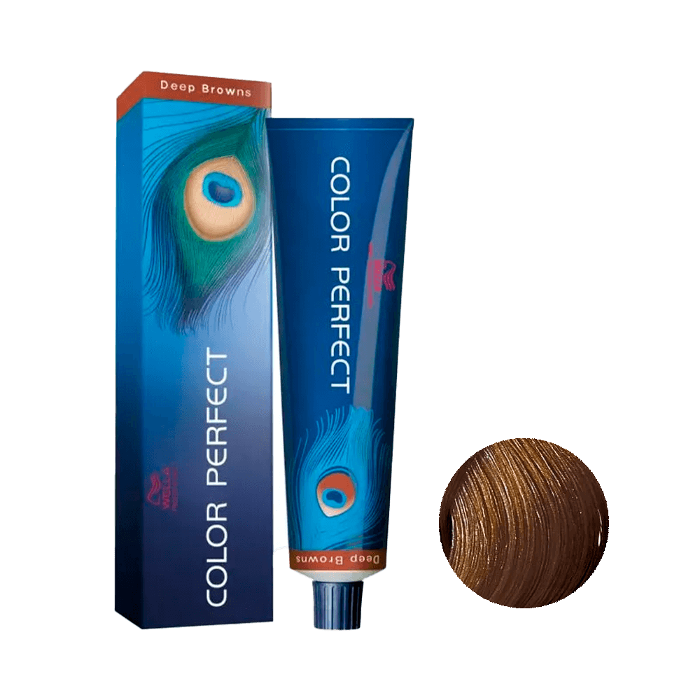 Coloração Color Perfect Deep Browns 77/71 Wella - tubo e caixa com design azul e pena de pavão