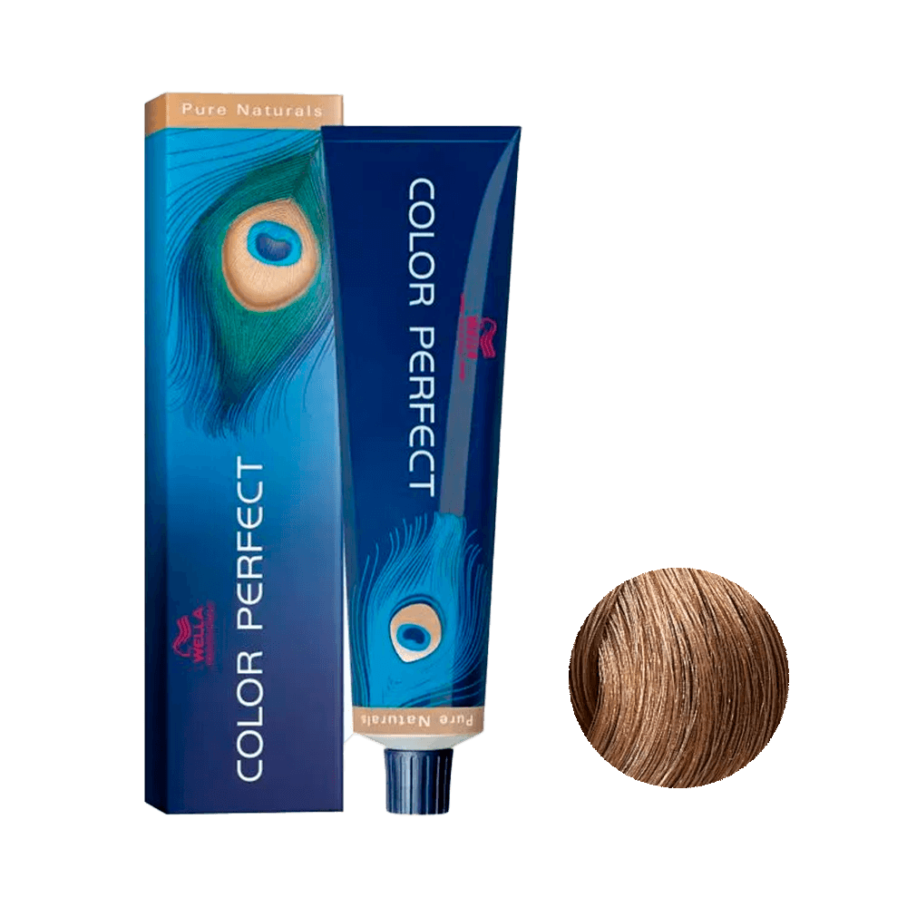Coloração Color Perfect Pure Naturals 7/07 Louro Médio Natural Marrom 60g - embalagem azul escura e amostra da cor