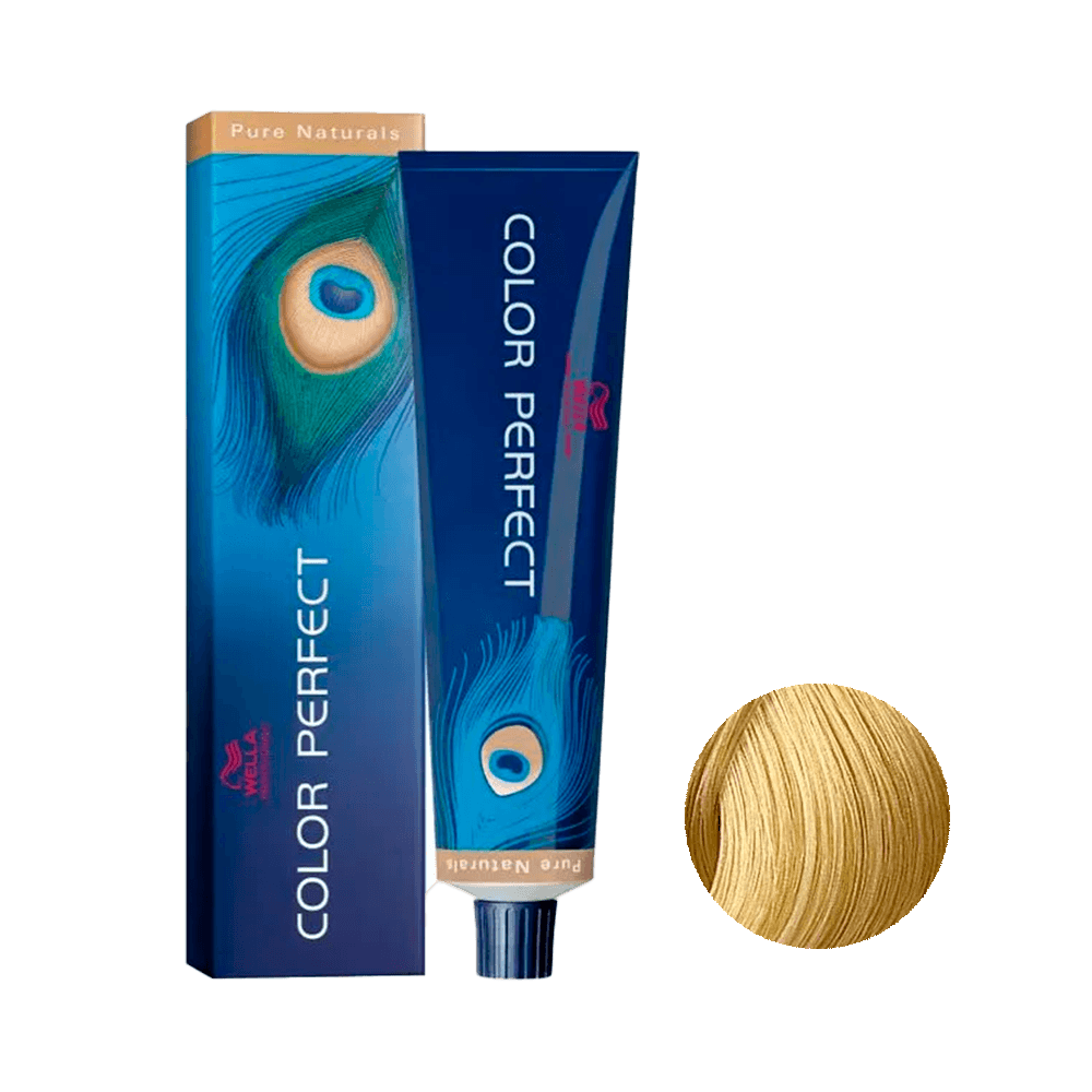 Coloração Color Perfect Pure Naturals 10/0 Louro Claríssimo 60g - embalagem azul com amostra de cor