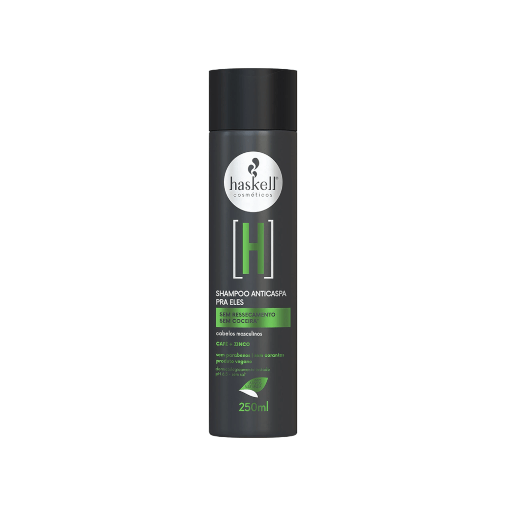 Shampoo Anticaspa Pra Ele Haskell 250ml - frasco preto fosco com detalhes verdes