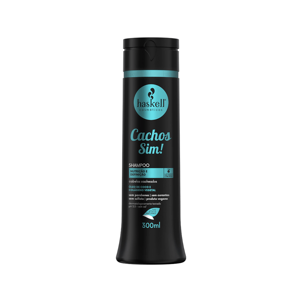 Shampoo Haskell Cachos Sim! 300ml - frente do frasco preto com detalhes turquesa