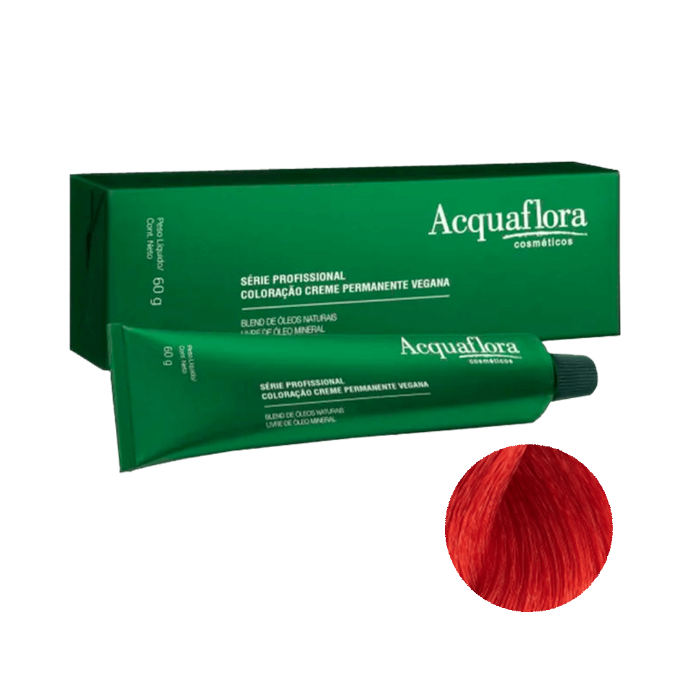 Coloração Acquaflora Creme Permanente Vegana 0.6 Vermelho 60g - tubo e caixa com amostra da cor
