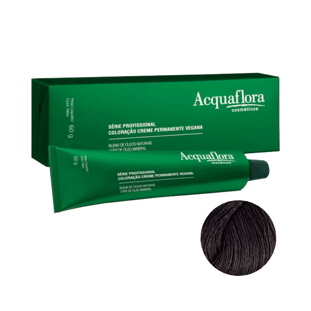 Coloração Acquaflora Creme Permanente Vegana 3.0 Castanho Escuro - embalagem e amostra da cor