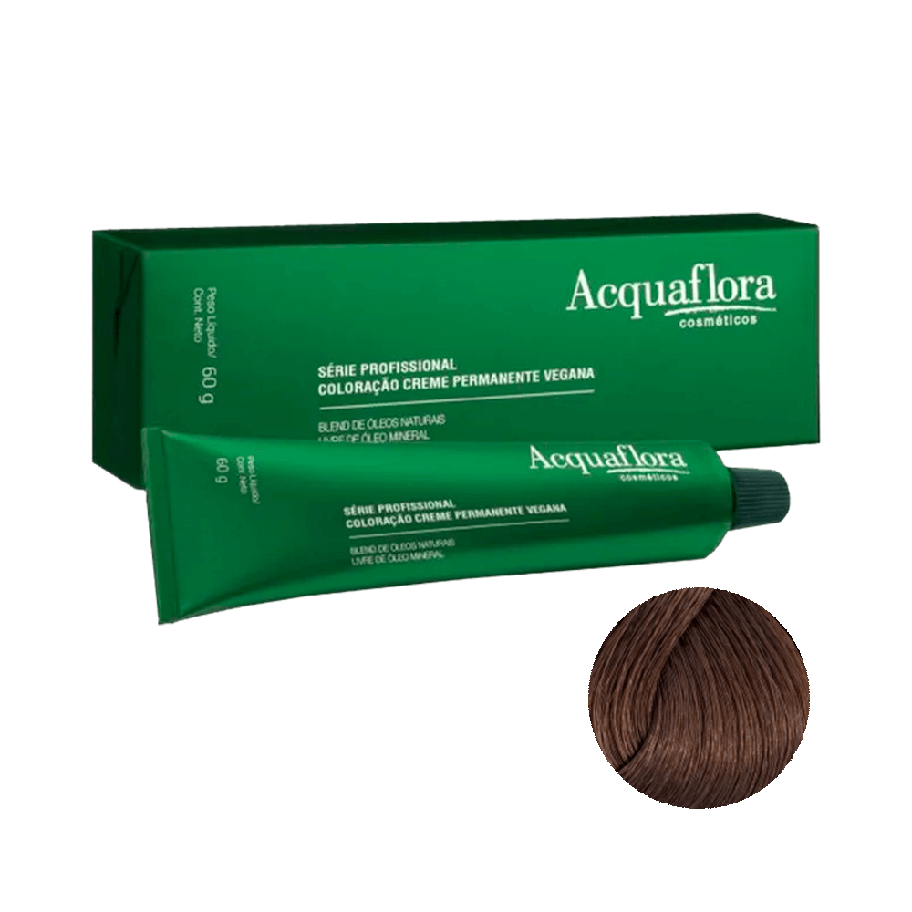 Coloração Acquaflora Creme Permanente Vegana 5.0 Castanho Claro 60g - embalagem e amostra de cor