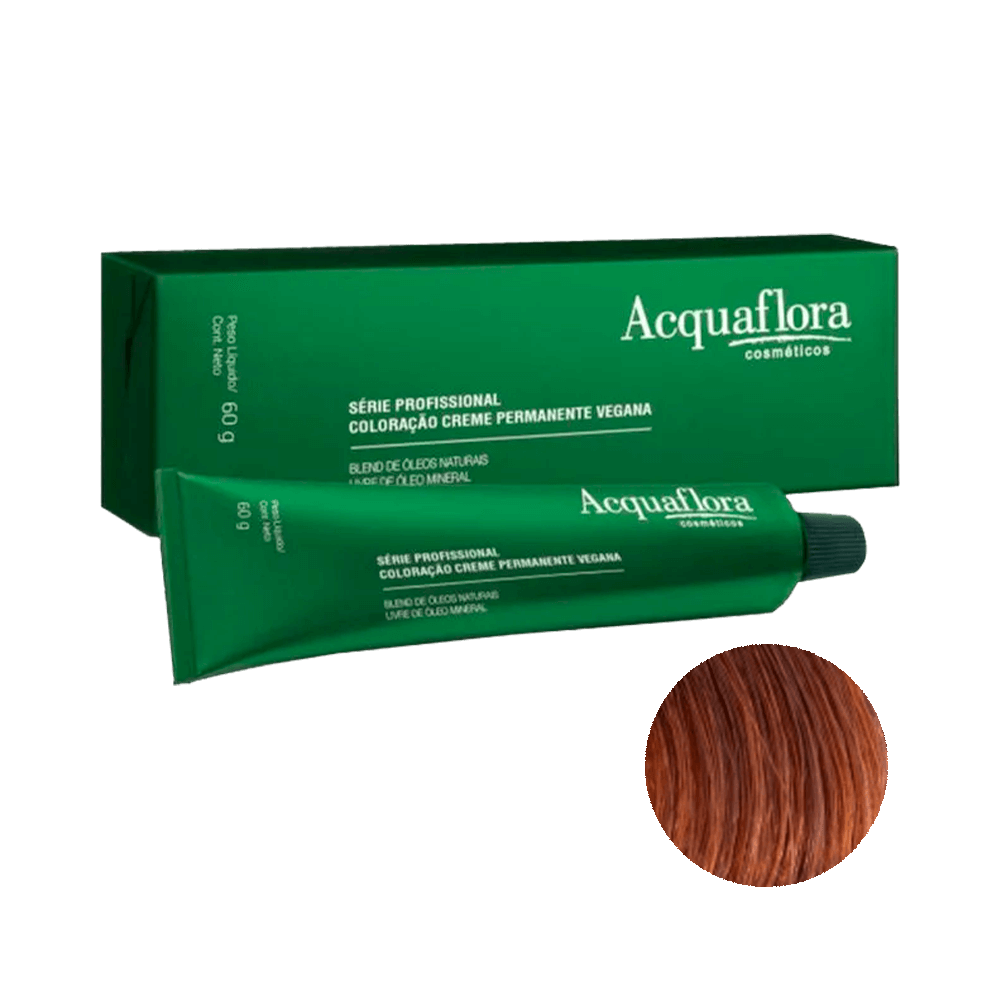 Embalagem e tubo da Coloração Acquaflora Creme Permanente Vegana 7.44 Louro Natural Cobre Intenso 60g