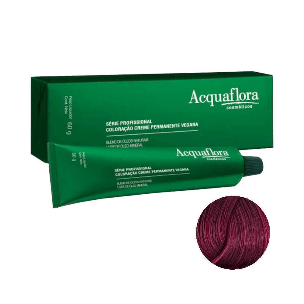 Coloração Acquaflora Creme Permanente Vegana 8.26 Louro Claro Violeta Vermelho tubo e caixa com amostra da cor Marsala