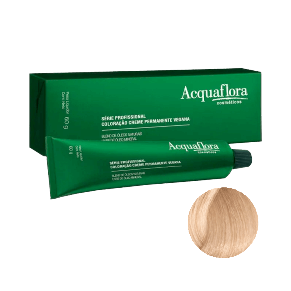 Embalagem da Coloração Acquaflora 12.1 com amostra do tom loiro acinzentado