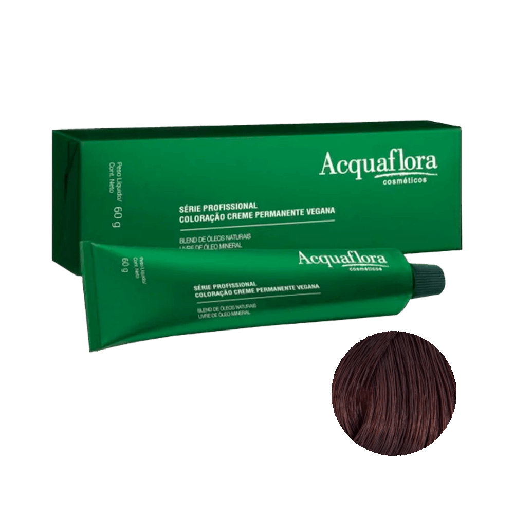 Coloração Acquaflora 44.62 Castanho Natural Vermelho Violeta 60g - tubo e caixa verdes, amostra de cor castanho com reflexos vermelho violeta