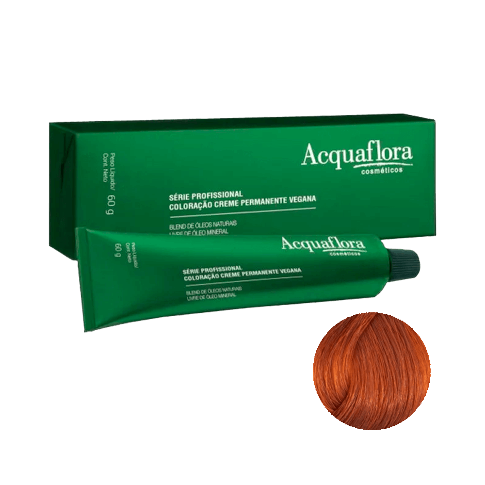 Coloração Acquaflora Permanente Vegana 8.44 - embalagem e amostra de cor louro claro cobre intenso