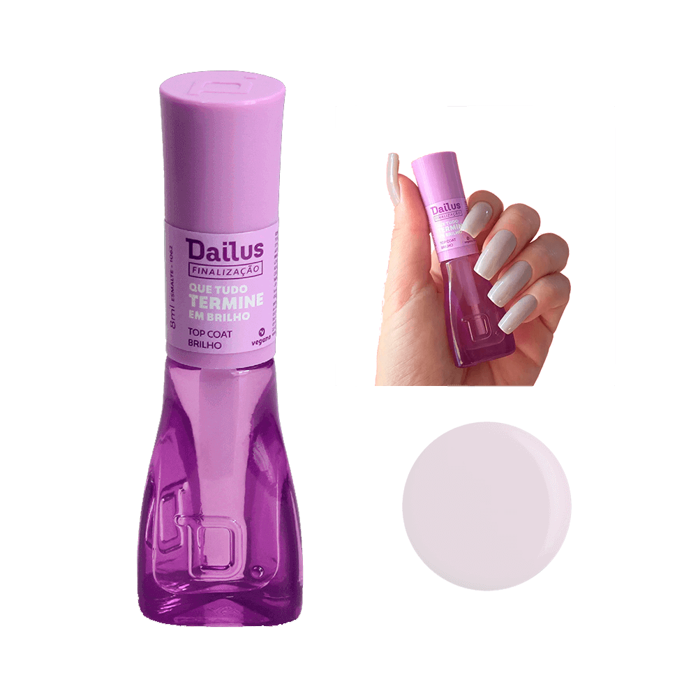 Frasco do Top Coat Dailus transparente com tampa lilás, volume 8ml
