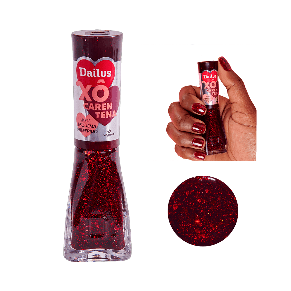 Esmalte Dailus Xô Carentena Meu Esquema Preferido - frasco transparente com glitter vermelho