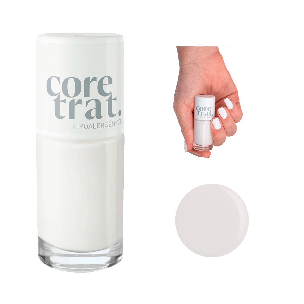 Esmalte Blant Tratamento Coretrat Hipoalergênico Blanc em mão, mostrando acabamento branco e uniforme