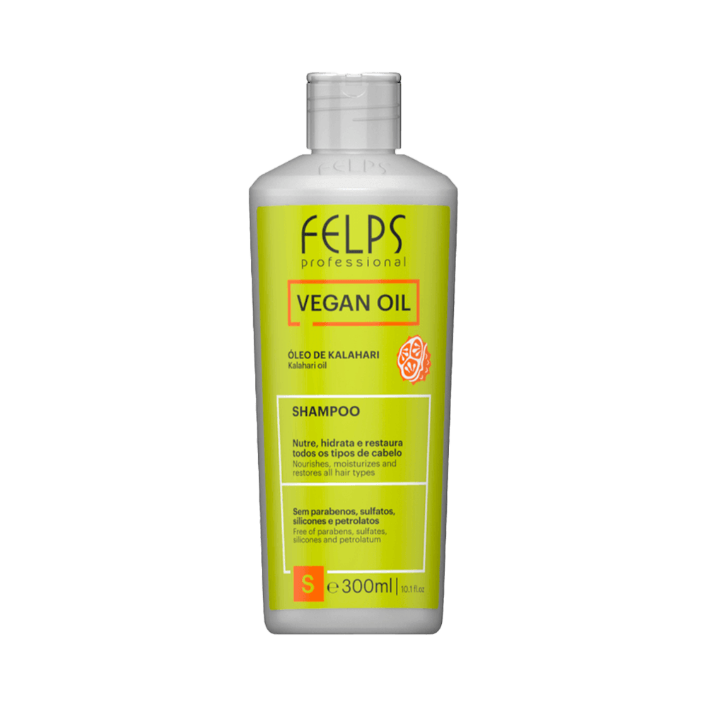 Shampoo Felps Vegan Oil Kalahari 300ml - frontal da embalagem branca com rótulo verde-limão