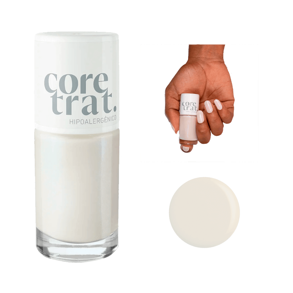 Esmalte Blant Coretrat Brilho Celestial em frasco com unhas pintadas, acabamento perolado e brilho intenso