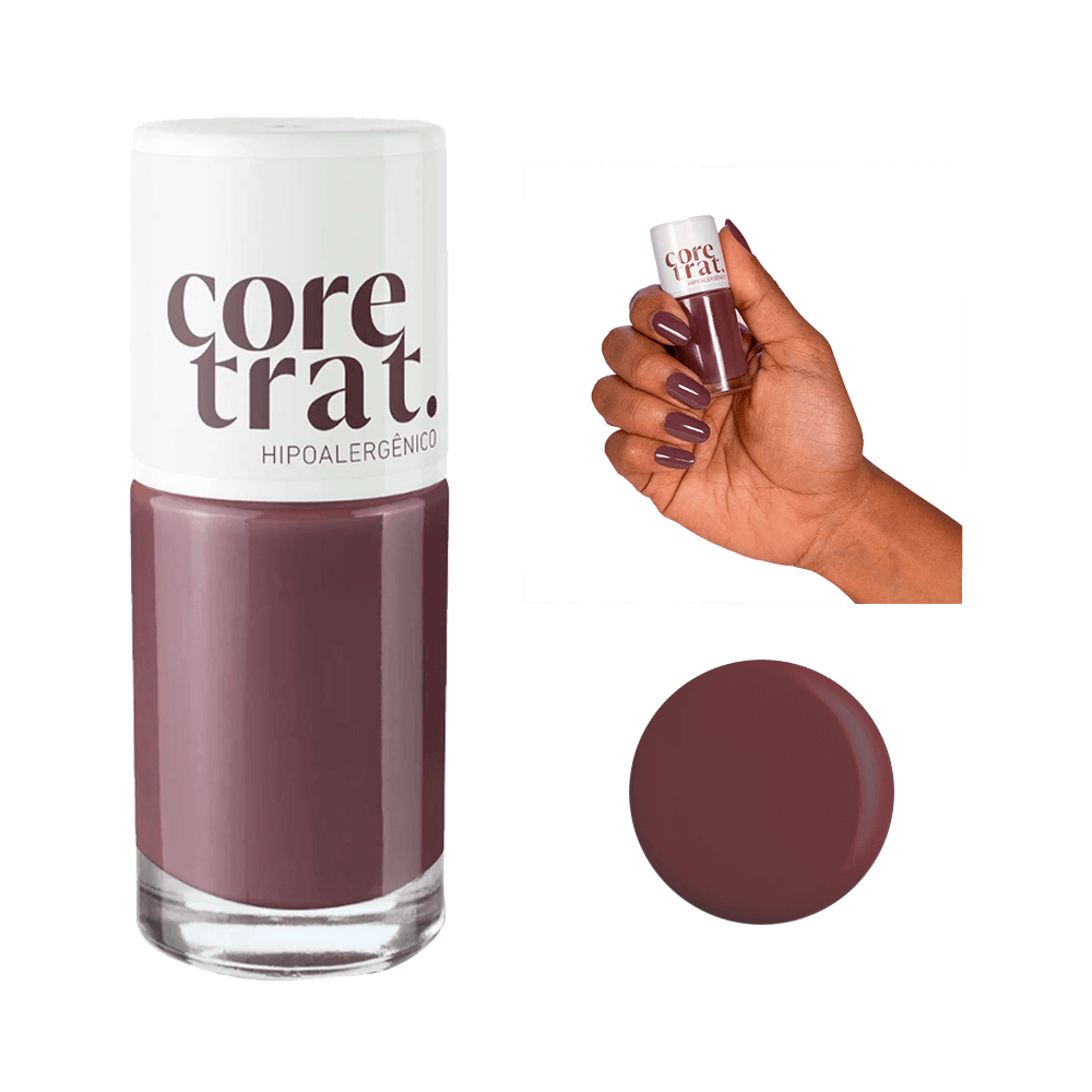 Frasco do Esmalte Blant Coretrat Casual Chic com amostra da cor e unha pintada