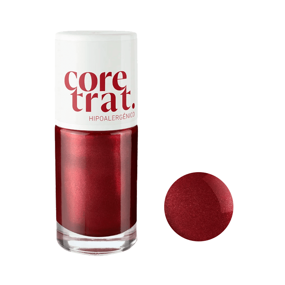 Frasco de esmalte Coretrat hipoalergênico com amostra da cor vermelha cetim
