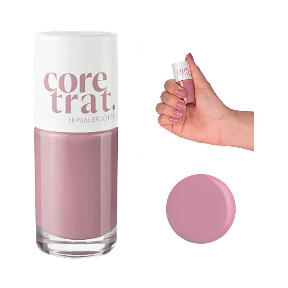Esmalte Blant Coretrat Neutro Perfeito em vidro transparente com tampa branca, mão segurando o produto e amostra da cor
